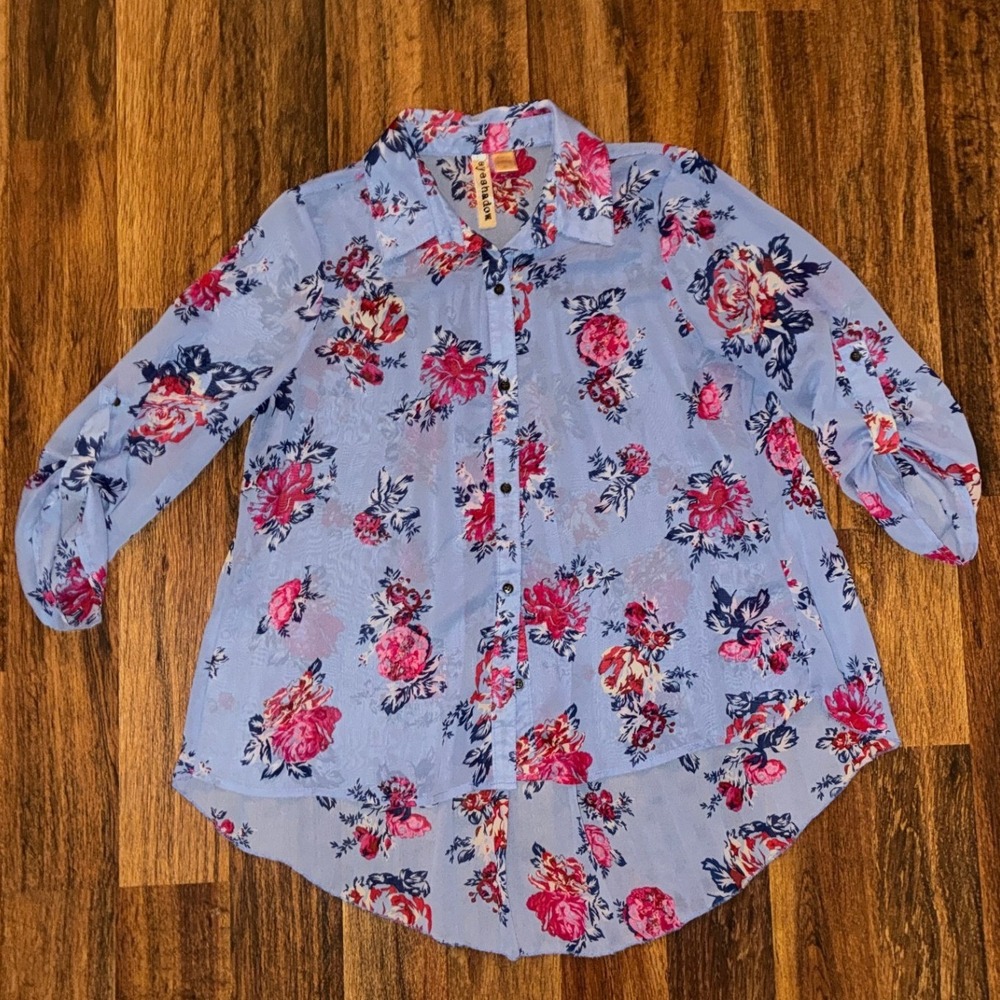 Eyeshadow Women Floral Chiffon Button Down Shirt Blue Pink Roll Tab Sleeve Large